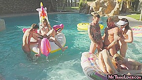 Pornstar shemales enjoy bareback anal orgy outdoor by pool